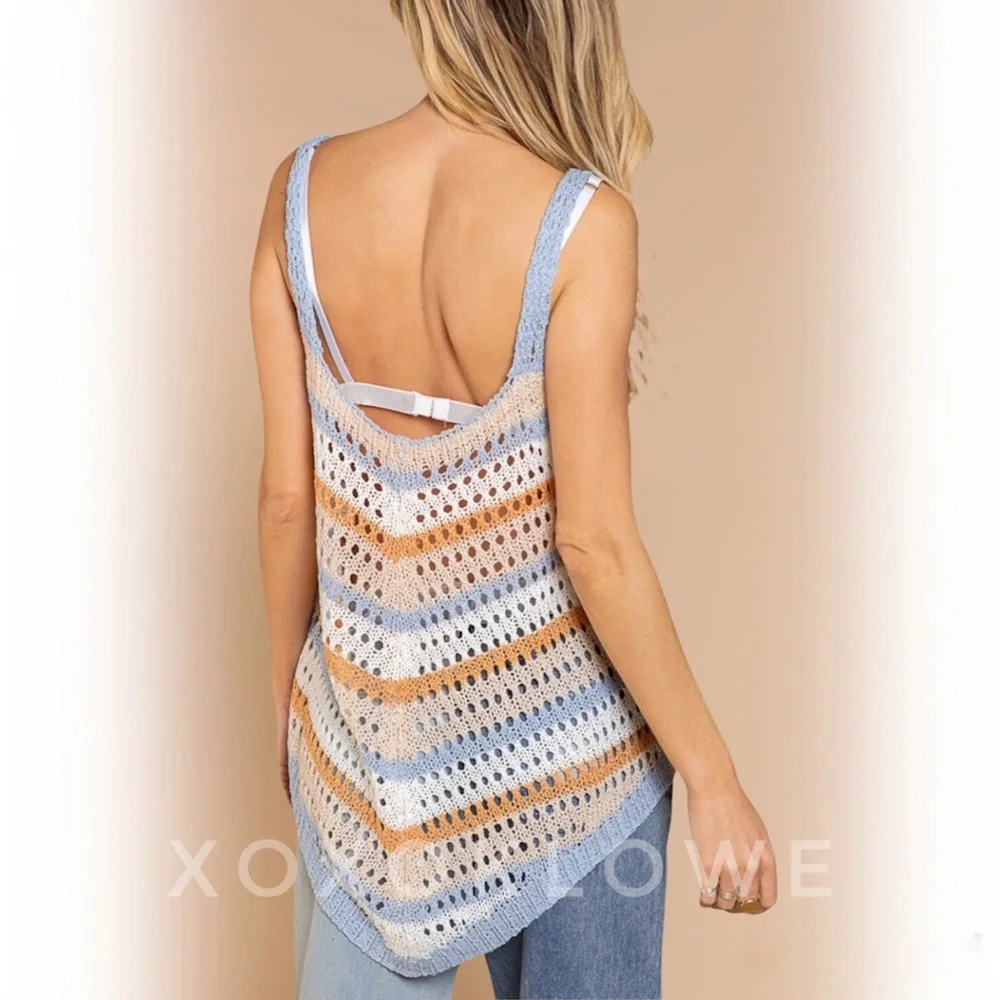 POL Blue + Orange Striped Crochet Open Knit Sleeveless Top - Picture 13 of 15
